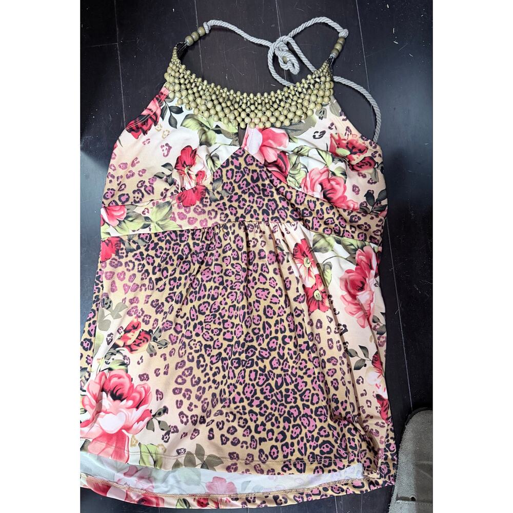 New Directions XL Boho Beaded Floral Leopard Halter Top
